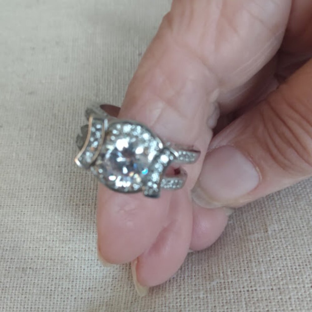 Silver Tone Clear Round Stone Statement Ring . - image 1